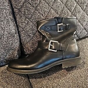 Lane Bryant 10W Moto boots black vegan leather silver buckles zippered